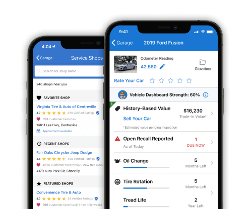 CARFAX Car Care mobile dashboard showing multiple views.